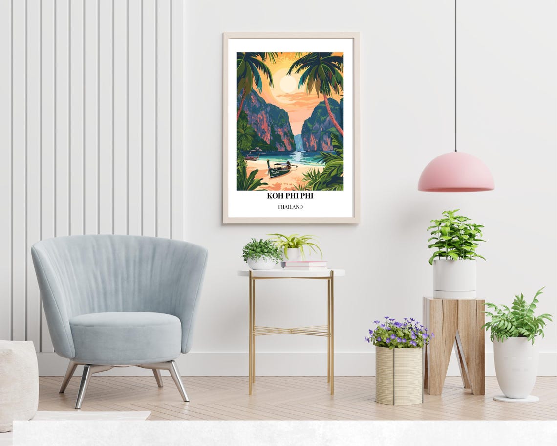 Koh Phi Phi Thailand Tropical Bay Sunset Longtail Boats Poster - Image 2