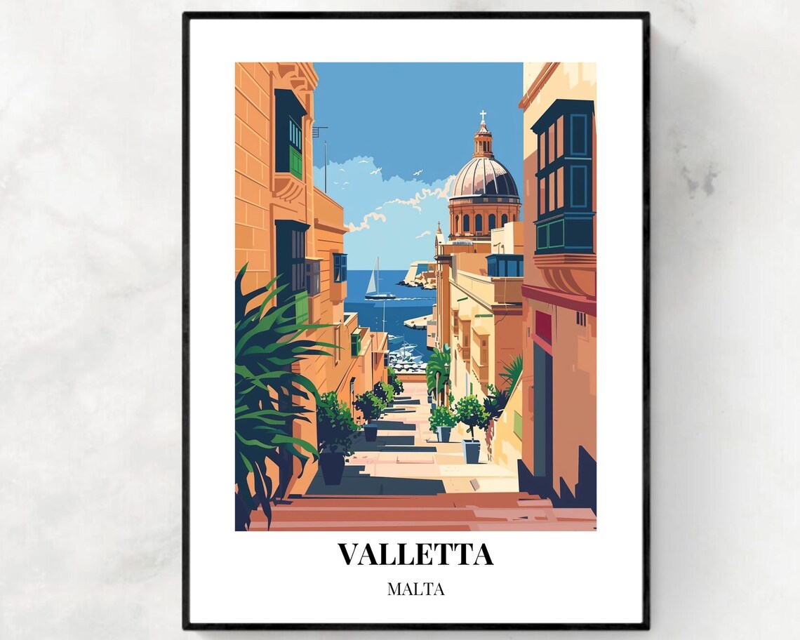 Valletta Malta Historic Street Sea View Vintage Travel Poster