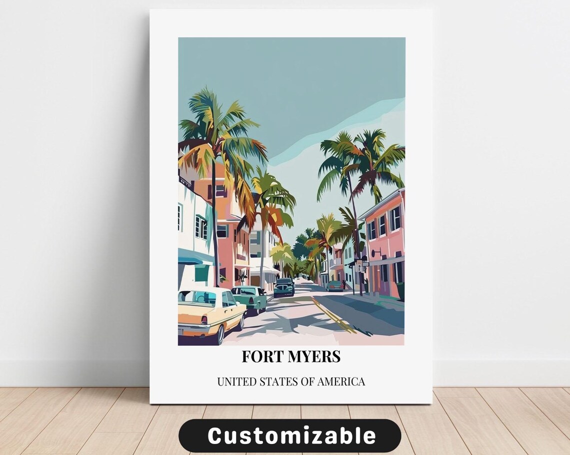 Fort Myers Palm Street Classic Cars Retro Florida Travel Poster