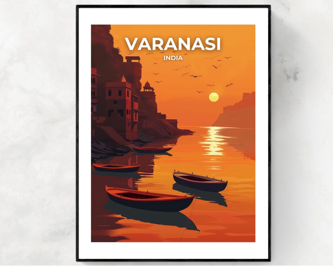 Varanasi India Ganges Ghats Sunset Boats River Scene Travel Poster