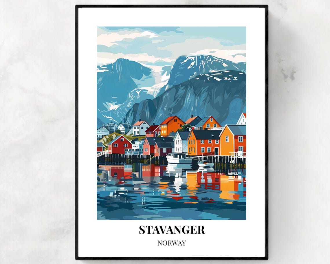 Stavanger Norway Colorful Harbor Mountain View Travel Poster