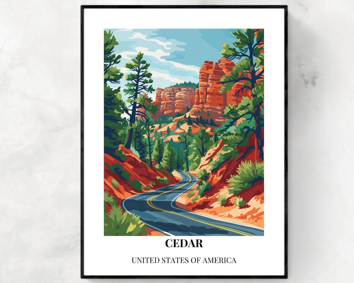 Cedar Utah Red Rock Canyon Winding Desert Road Travel Poster