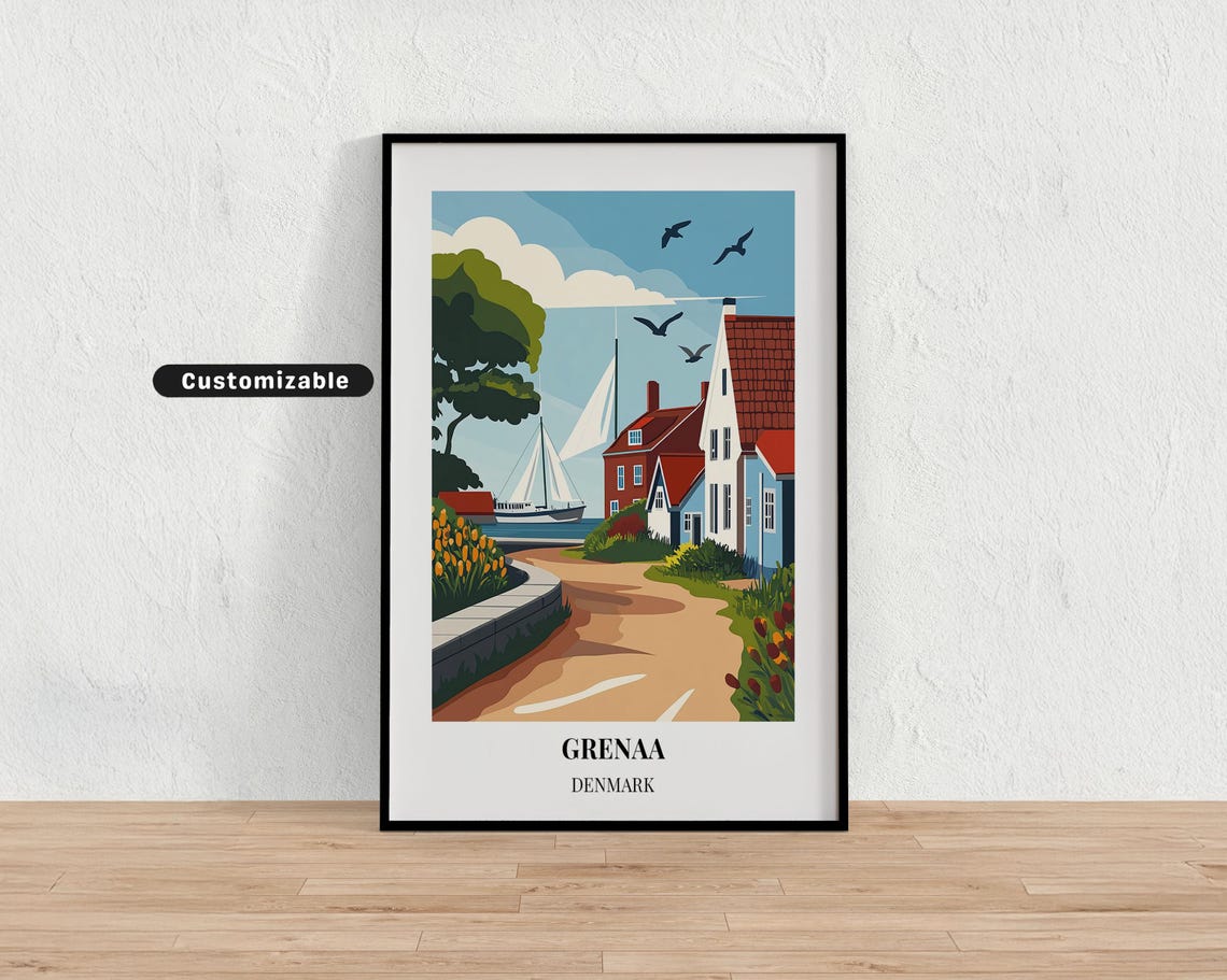 Grenaa Denmark Harbor Path Sailboat Coastal Village Travel Poster