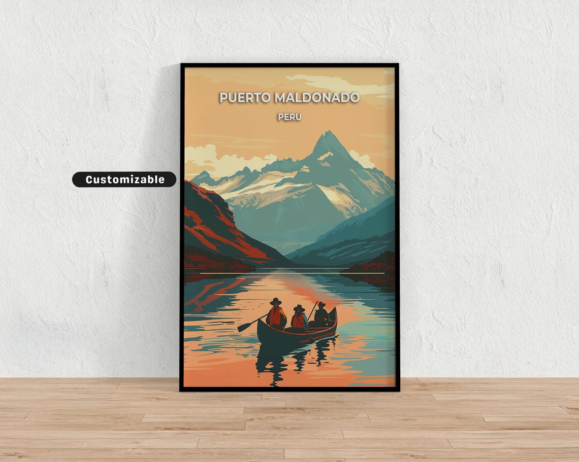 Puerto Maldonado Peru Amazon Canoe Sunset Lake Travel Poster