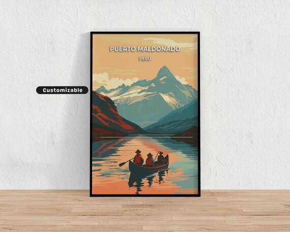 Puerto Maldonado Peru Amazon Canoe Sunset Lake Travel Poster