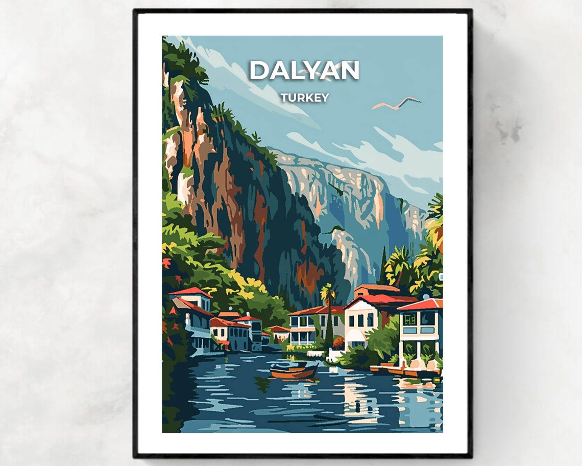 Dalyan Turkey Riverside Cliffs Wooden Boats Vintage Travel Poster