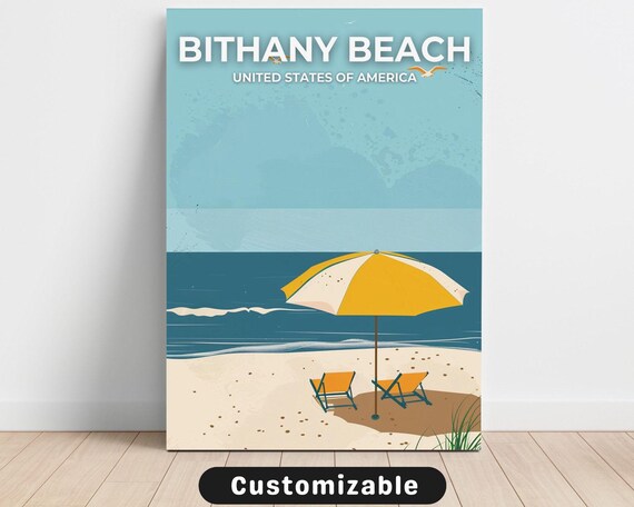 Bithany Beach Yellow Umbrella Retro Seaside Travel Art Poster