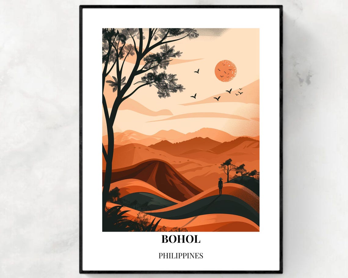 Bohol Philippines Golden Hills Sunset Rolling Landscape Travel Poster