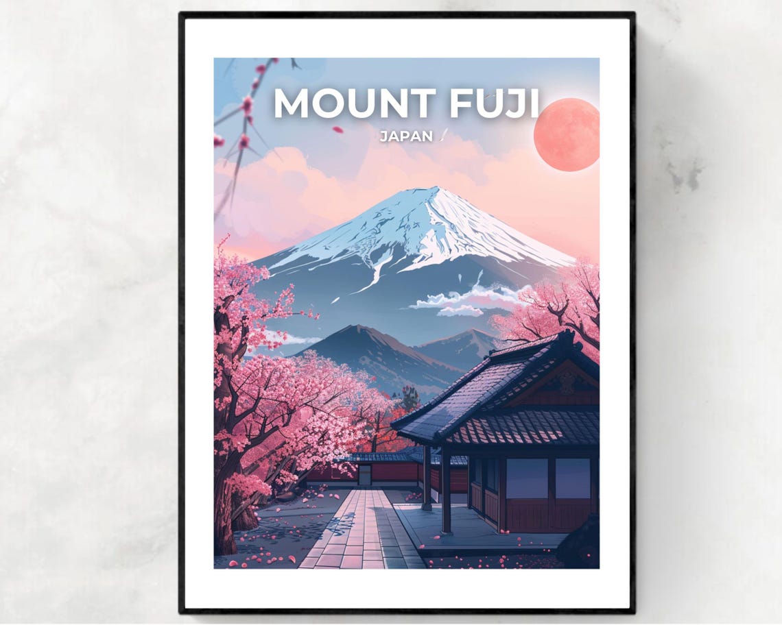Mount Fuji Japan Cherry Blossom Temple Pink Sunset Travel Poster