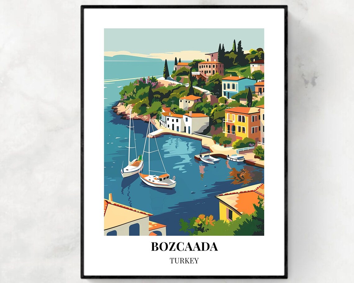 Bozcaada Turkey Island Harbor Sailboats and Village Travel Poster
