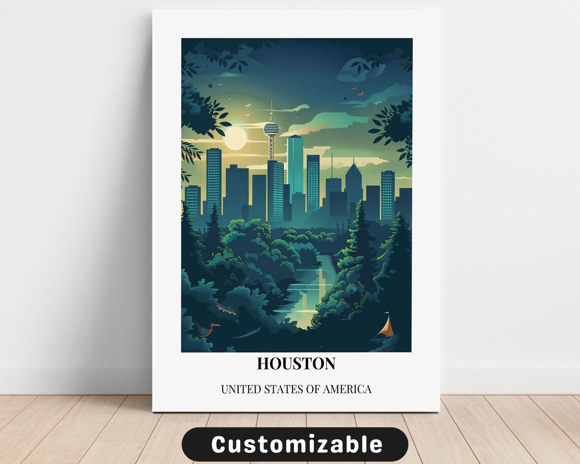 Houston Texas Retro Travel Poster With White Border City Art
