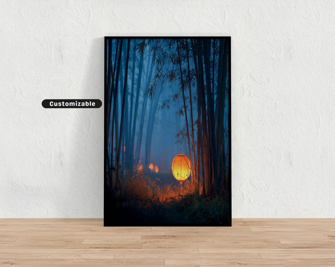 Paper Lantern Glowing In Bamboo Grove At Twilight Japanese Wall Art Print Zen Asian Decor