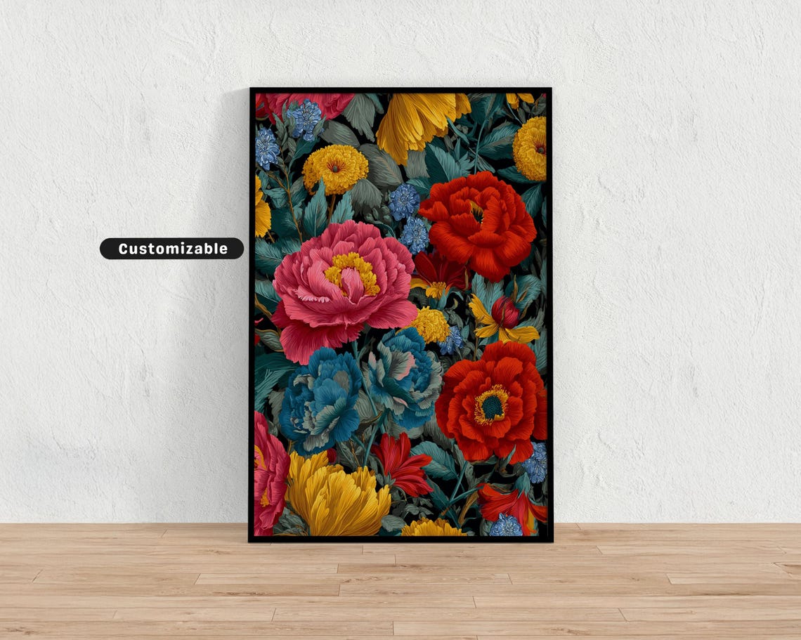 Vibrant Maximalist Dark Floral Poppies Marigold Garden Poster