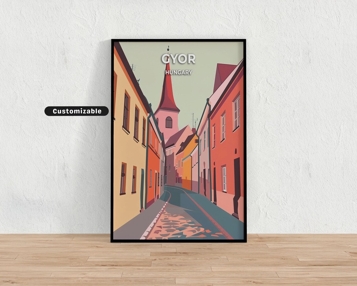 Gyor Hungary Old Town Cobblestone Street Retro Travel Poster