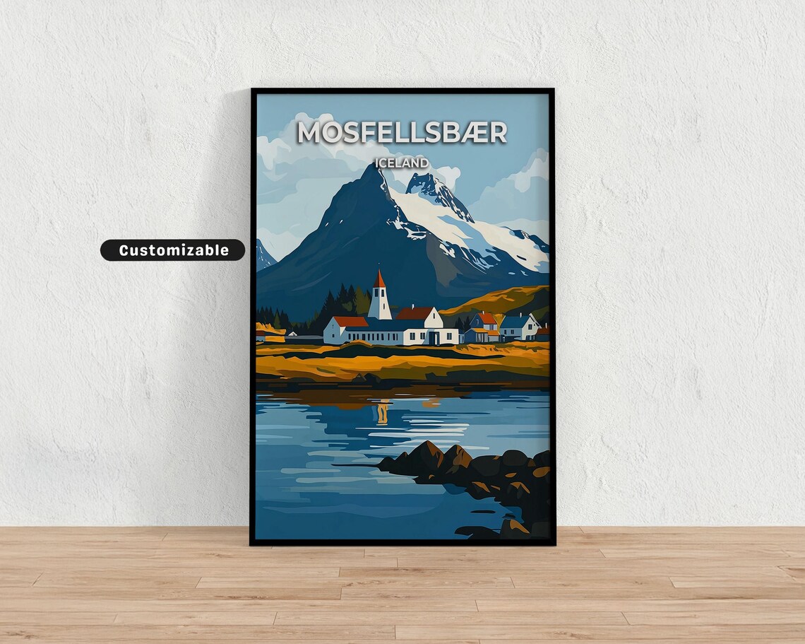 Mosfellsbær Iceland Church by the Fjord Snow Peak Custom Poster