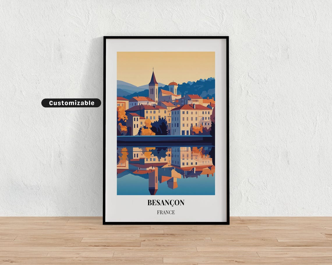 Besancon France Riverside Old Town Reflection Vintage Travel Poster