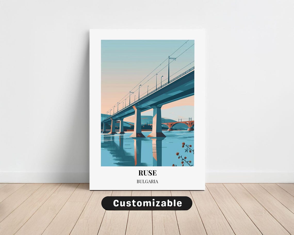Ruse Bulgaria Modern River Bridge Sunset Custom Travel Art Poster