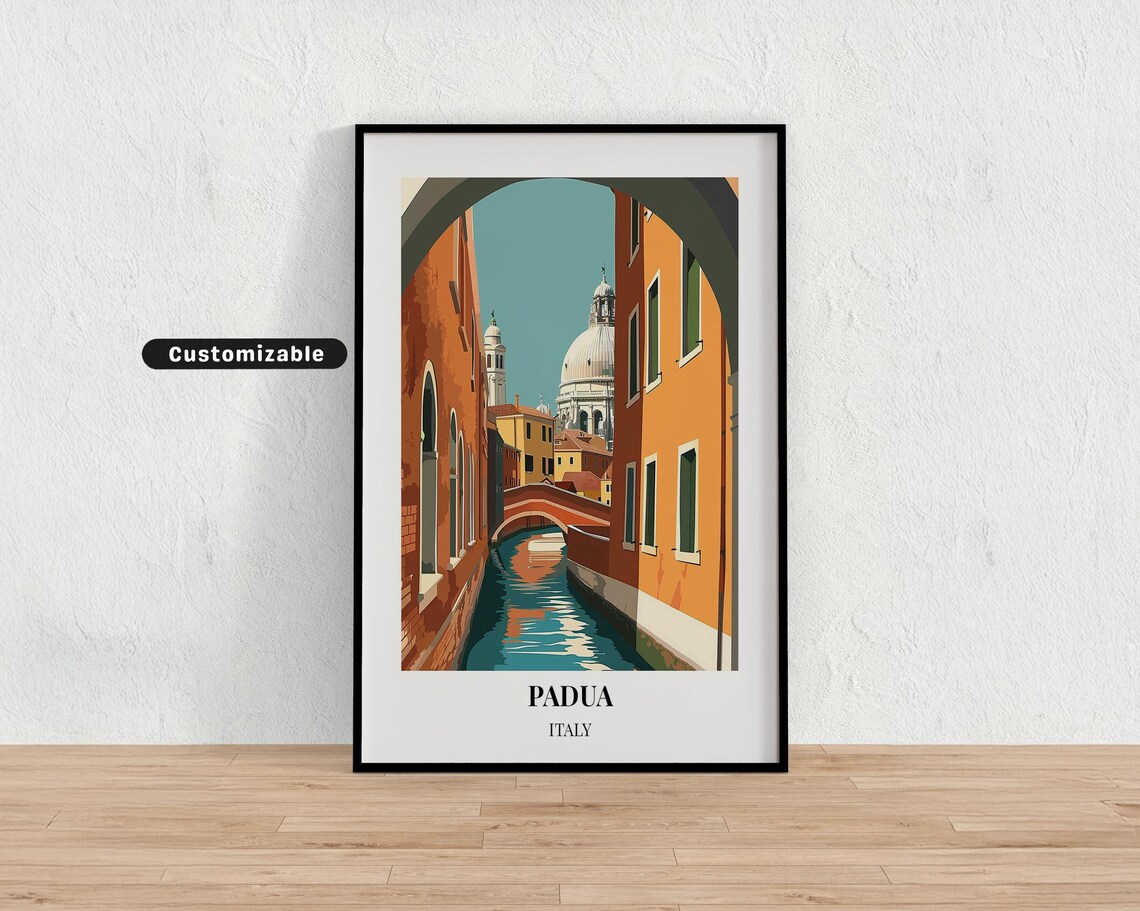 Padua Italy Travel Poster with Canal Arch Bridge and Domed Church Art