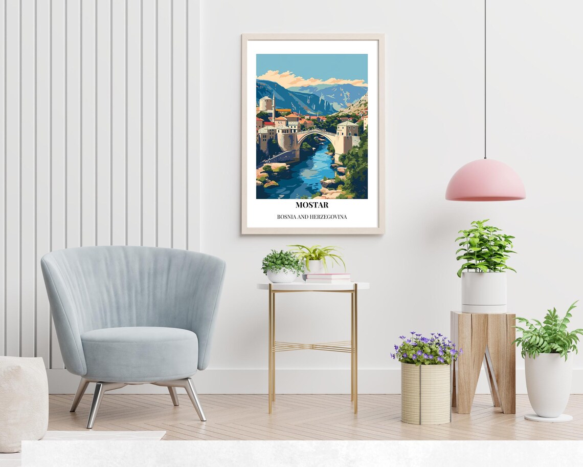 Mostar Bosnia Stari Most Old Bridge River Valley Travel Poster - Image 2
