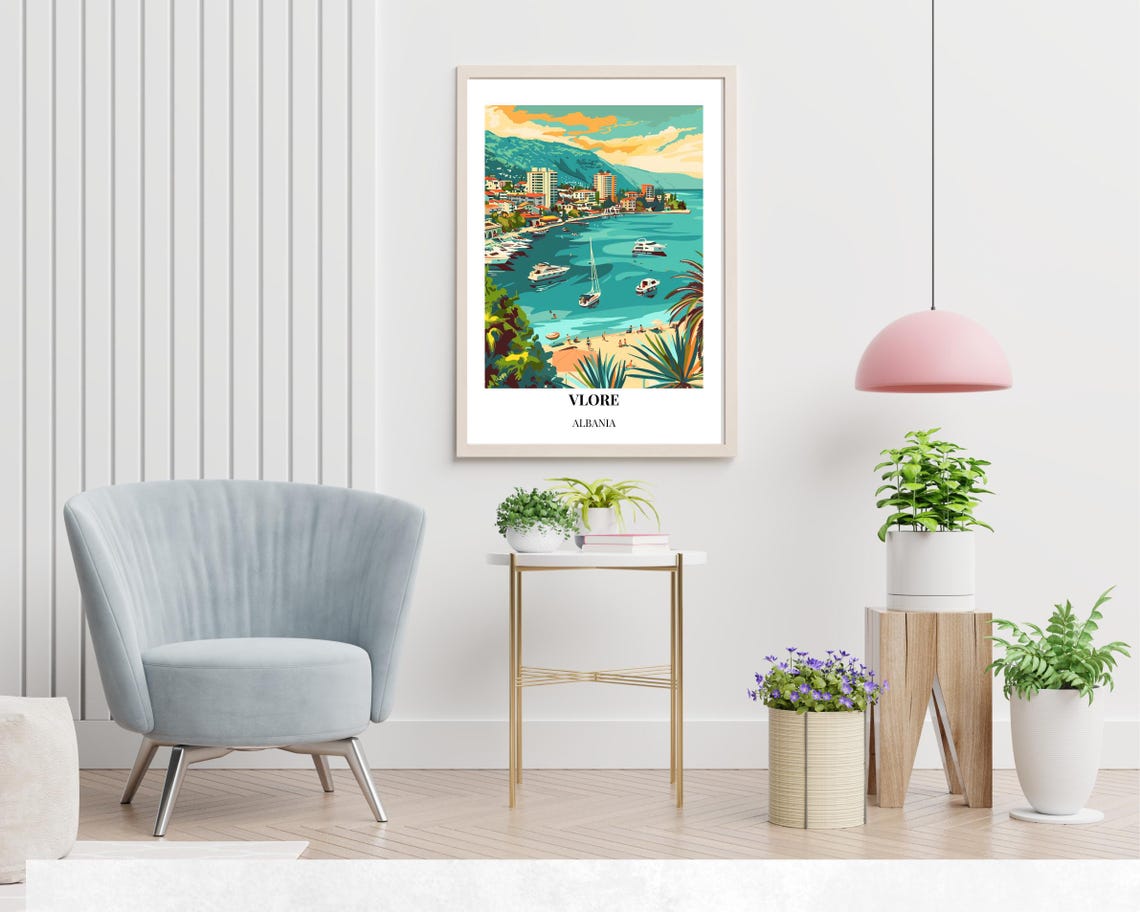 Vlore Albania Bay With Sailboats Beach Coastline Travel Poster - Image 2