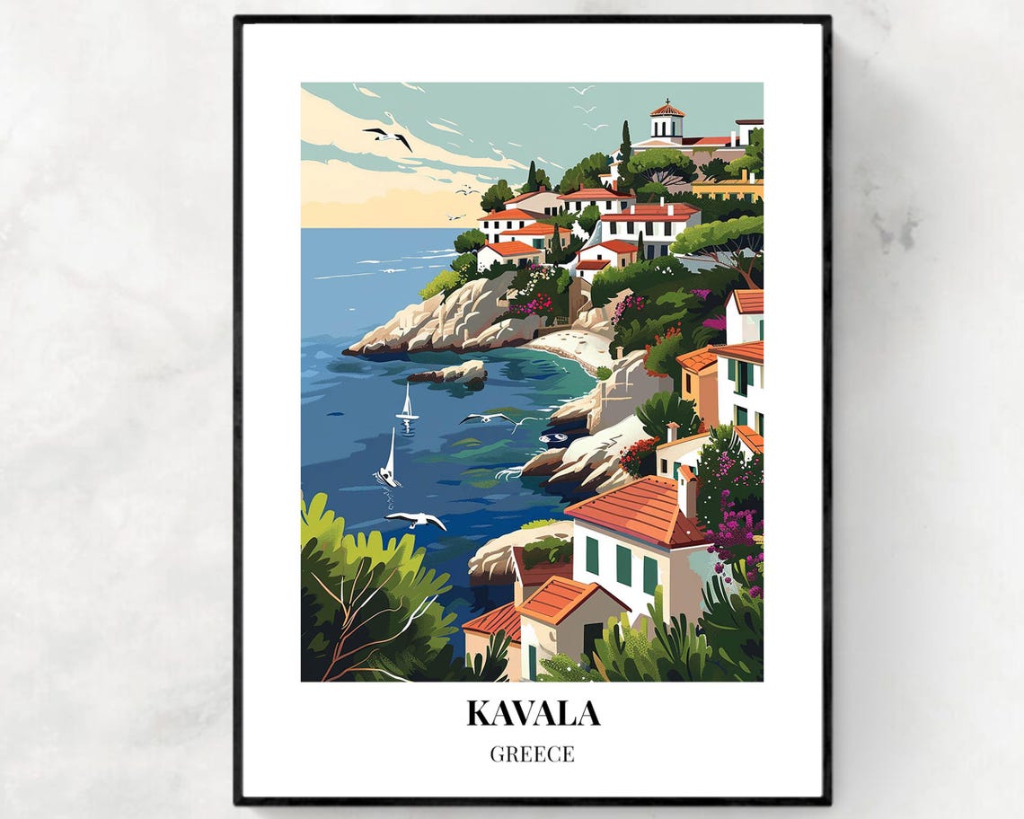 Kavala Greece Whitewashed Hillside Seaside Village Travel Poster