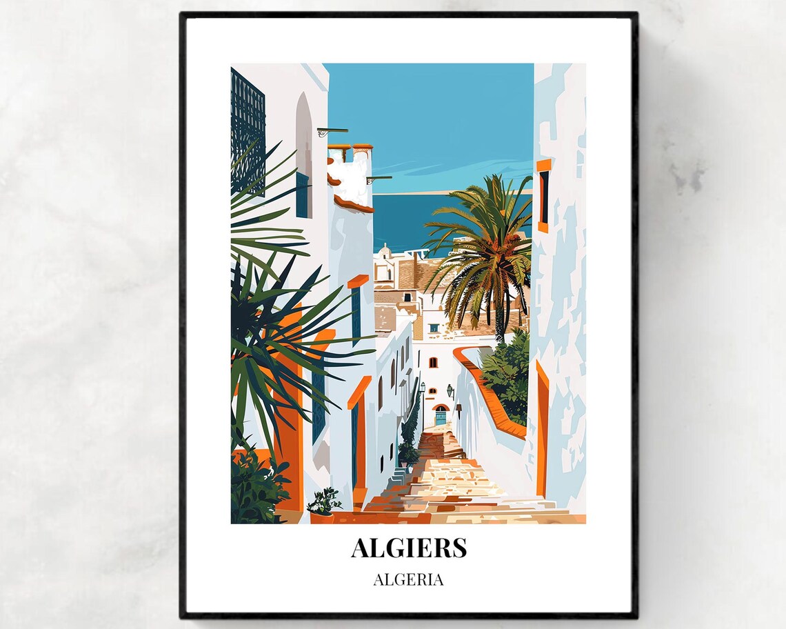 Algiers Whitewashed Alleyway Stairs To The Sea Algeria Travel Poster