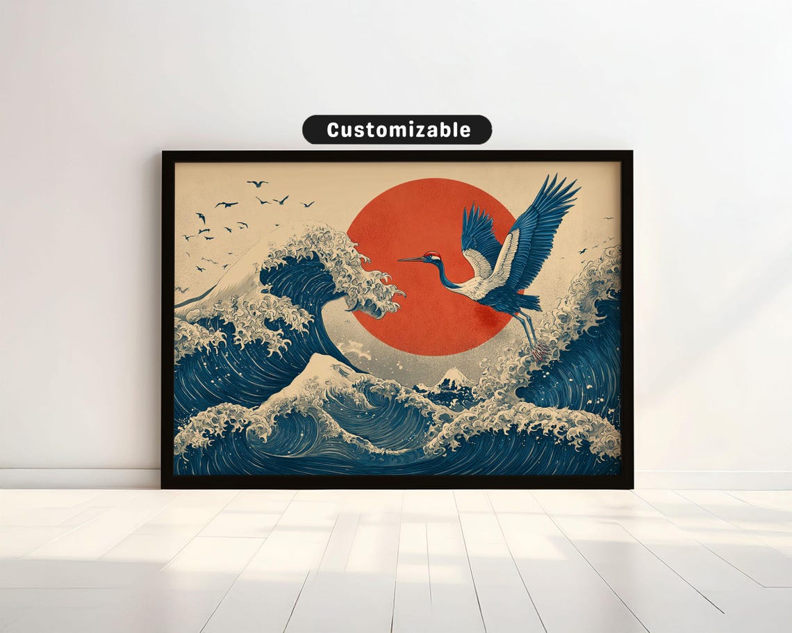Great Wave Crane Red Sun Traditional Japanese Ukiyoe Woodblock Poster