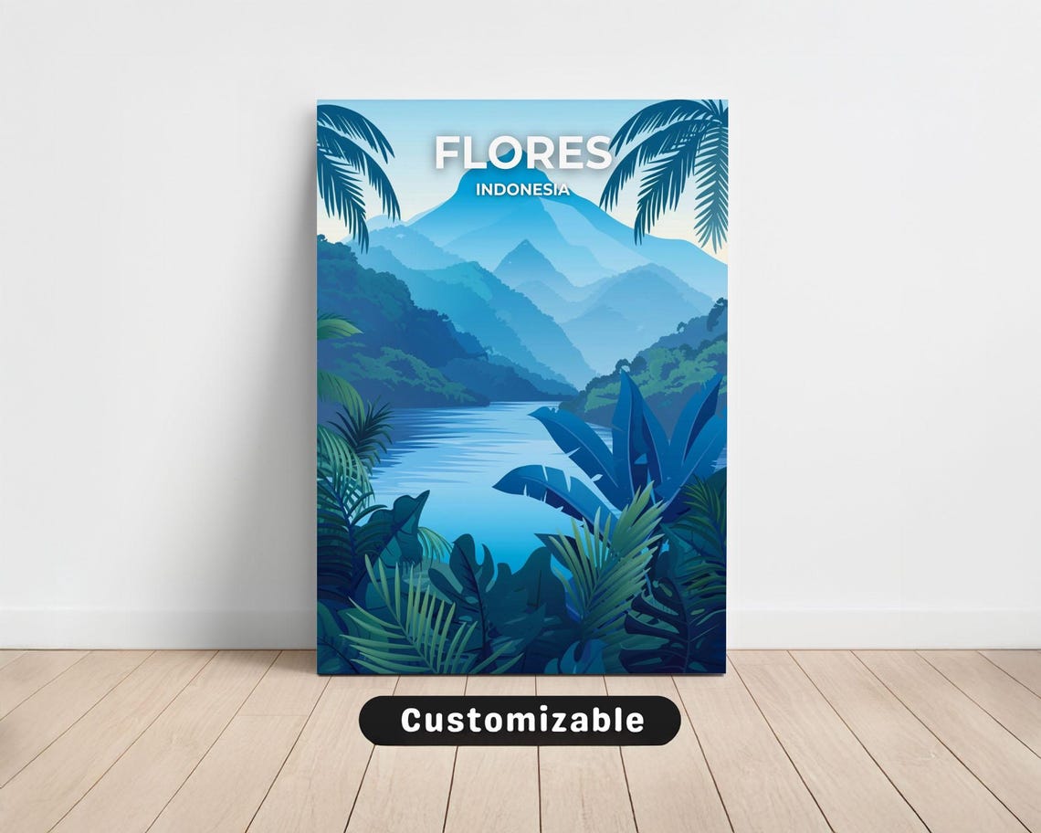 Flores Indonesia Deep Blue Jungle River Mountains Travel Poster
