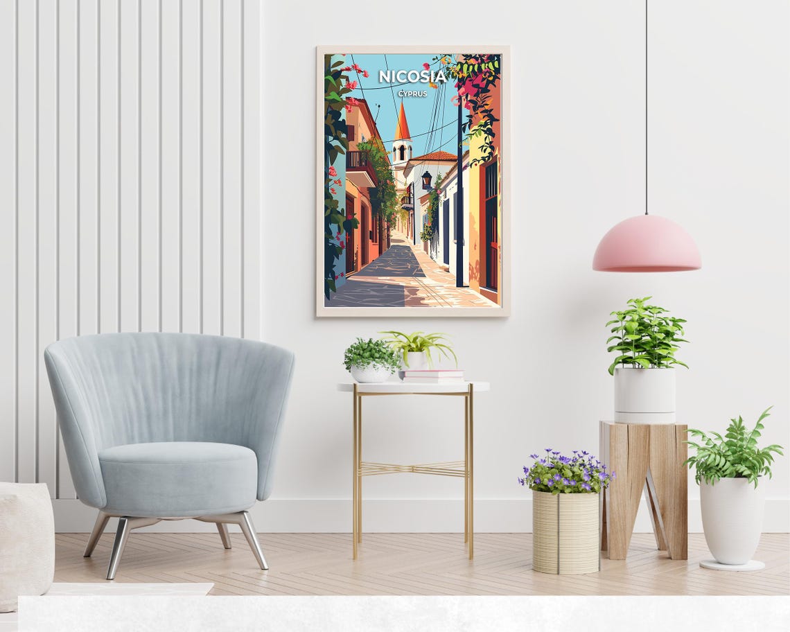 Nicosia Cyprus Flower Lined Old Street Bougainvillea Travel Poster - Image 2