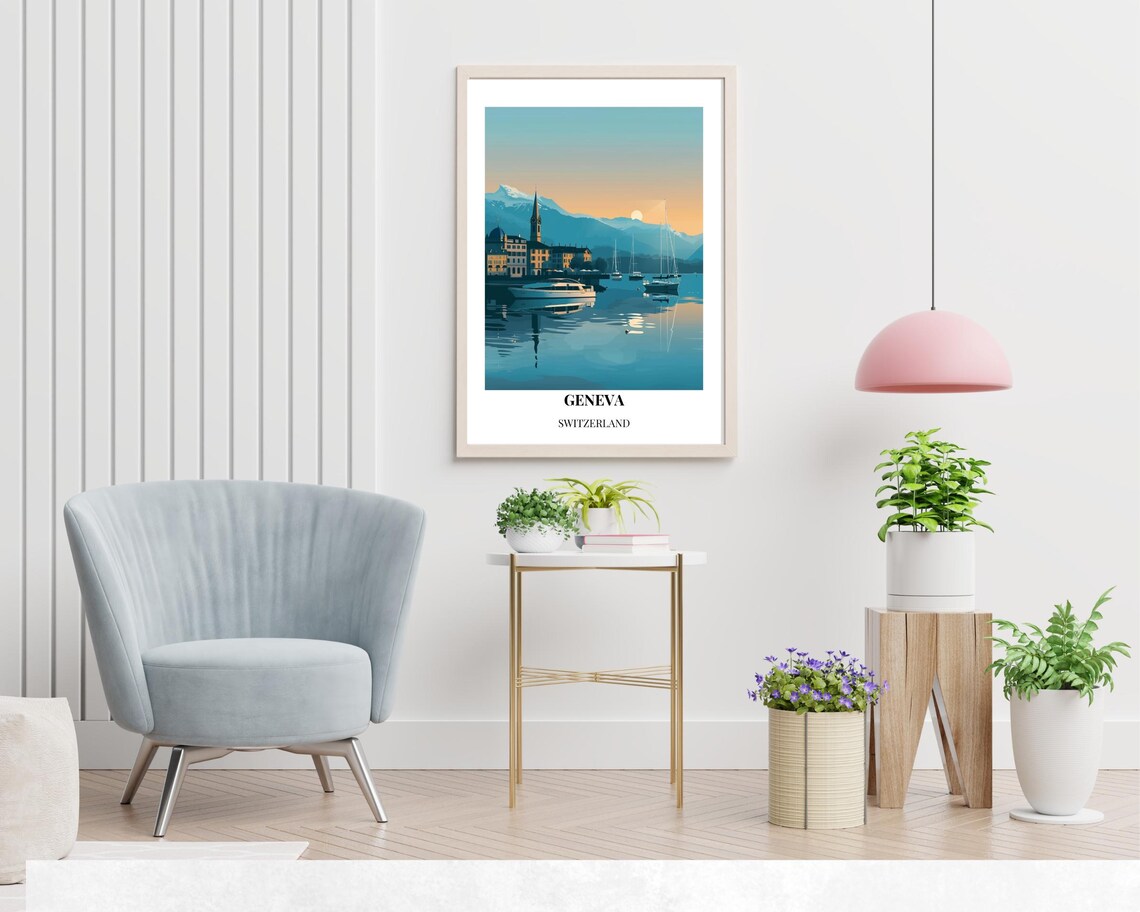 Geneva Switzerland Harbor Sunset Mountain Lake Travel Poster - Image 2