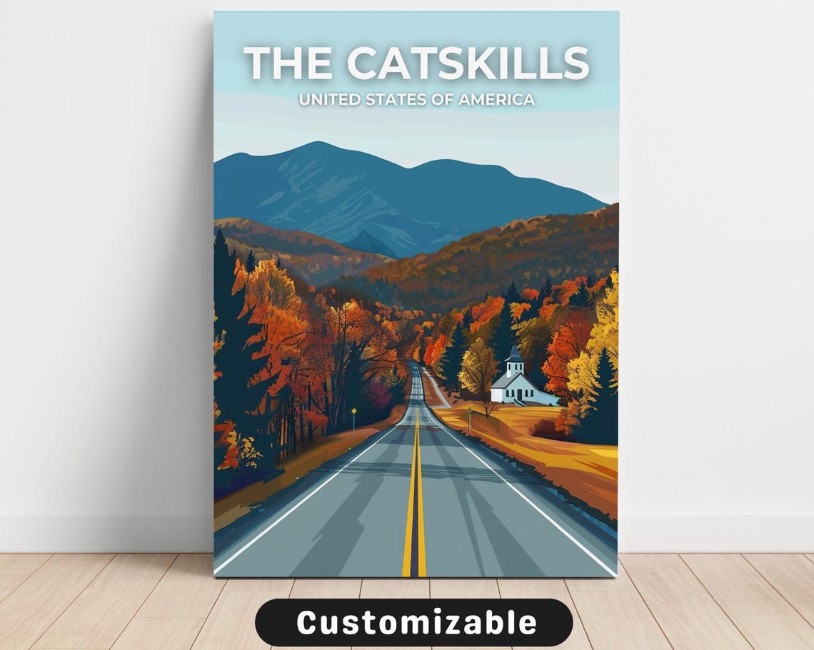 The Catskills Autumn Mountain Road Scenic Vintage Travel Poster