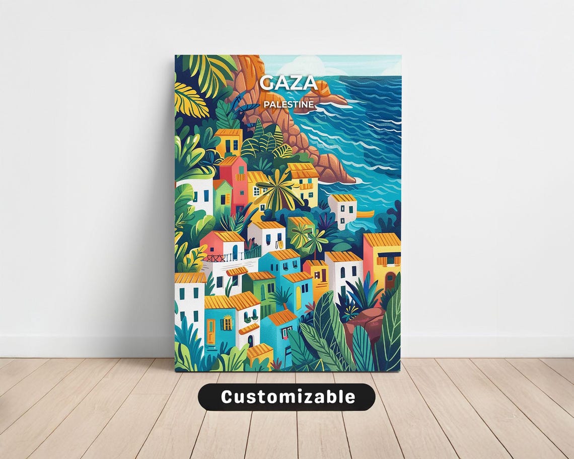 Gaza Palestine Tropical Coast Colorful Village Cliffs Night Poster