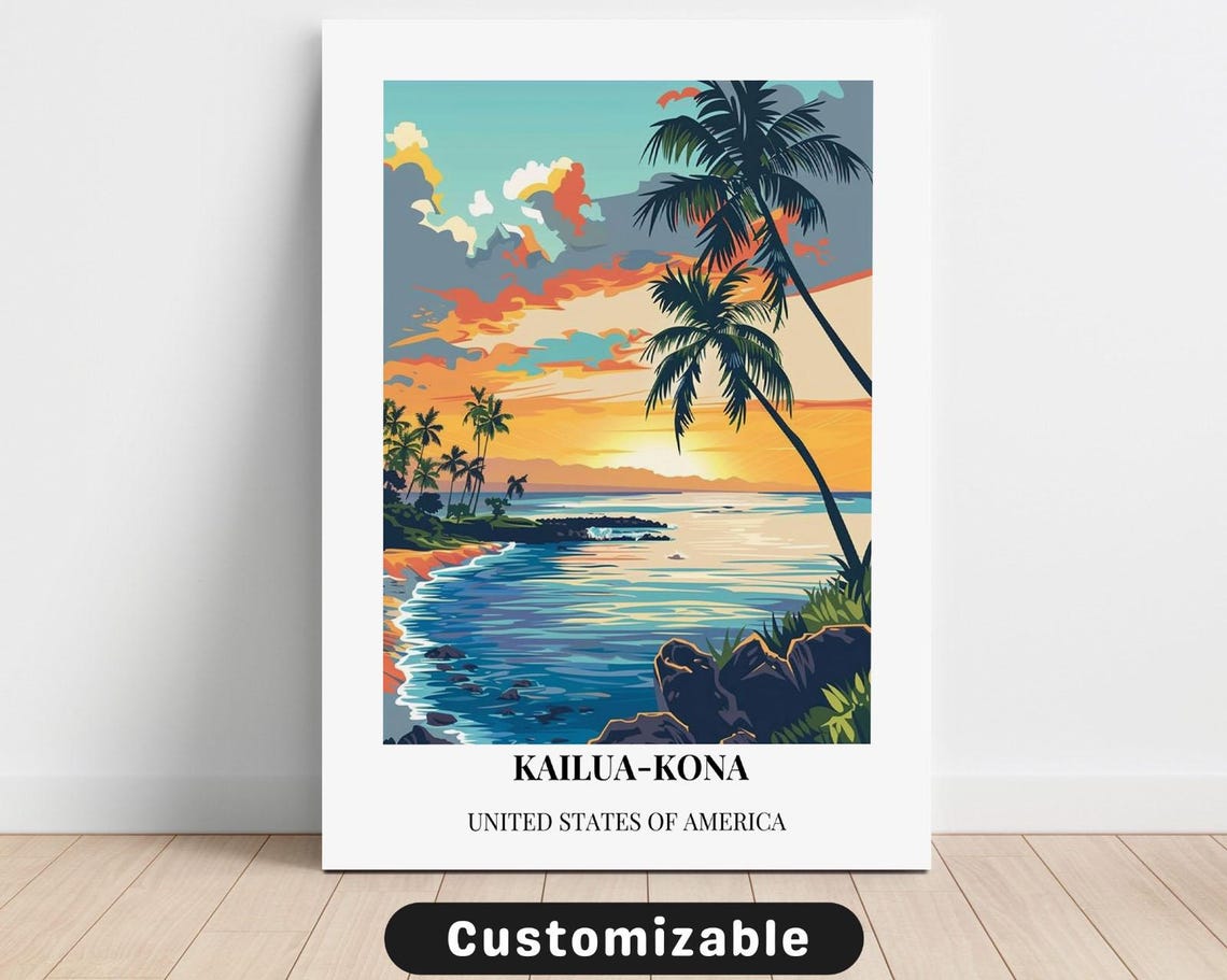 Kailua Kona Hawaii Palm Sunset Minimal Border Custom Travel Poster
