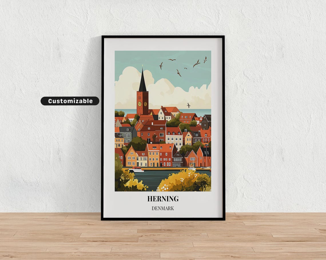 Herning Denmark Church Spire Rooftops Harbor View Travel Poster