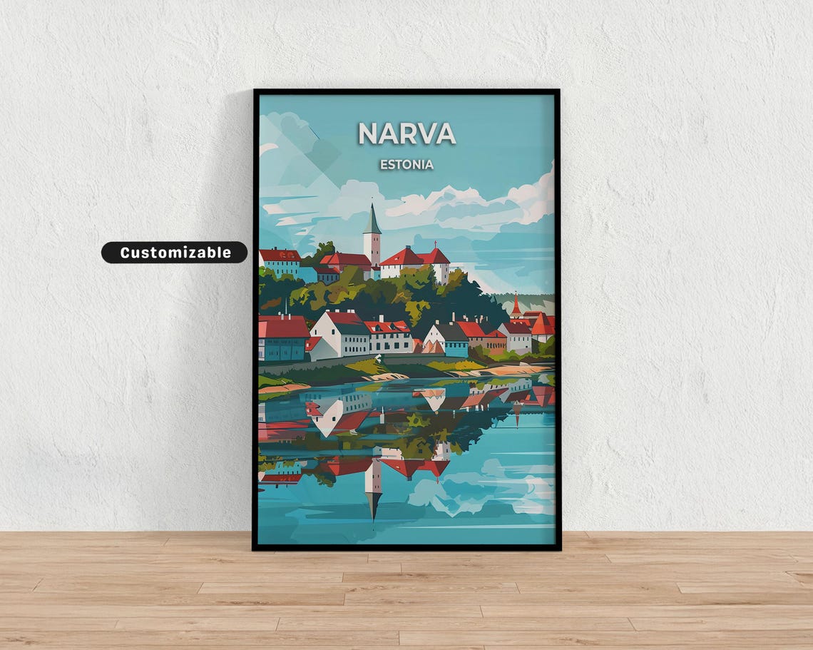 Narva Estonia Old Town Riverside Red Roofs Reflection Travel Poster