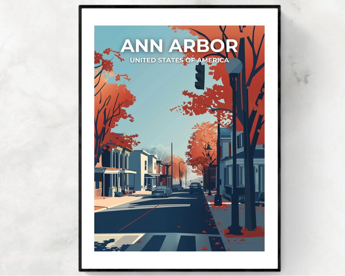 Ann Arbor Fall Street Autumn Foliage Vintage Style Travel Poster