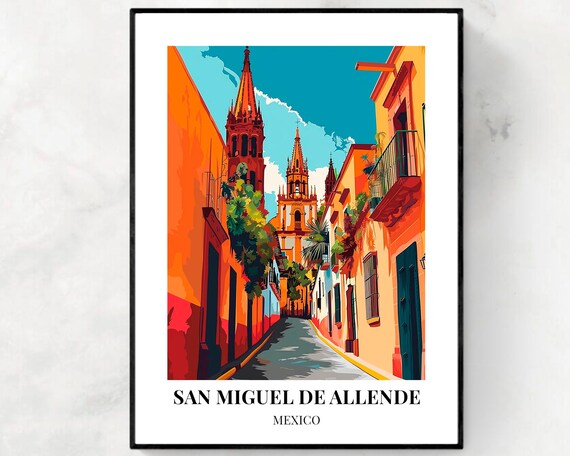 San Miguel de Allende Mexico Pink Church Spire Street Travel Poster