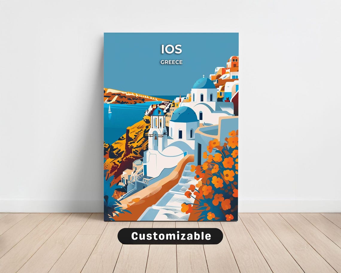 Ios Greece Blue Domed Churches Hillside Greek Island Travel Poster
