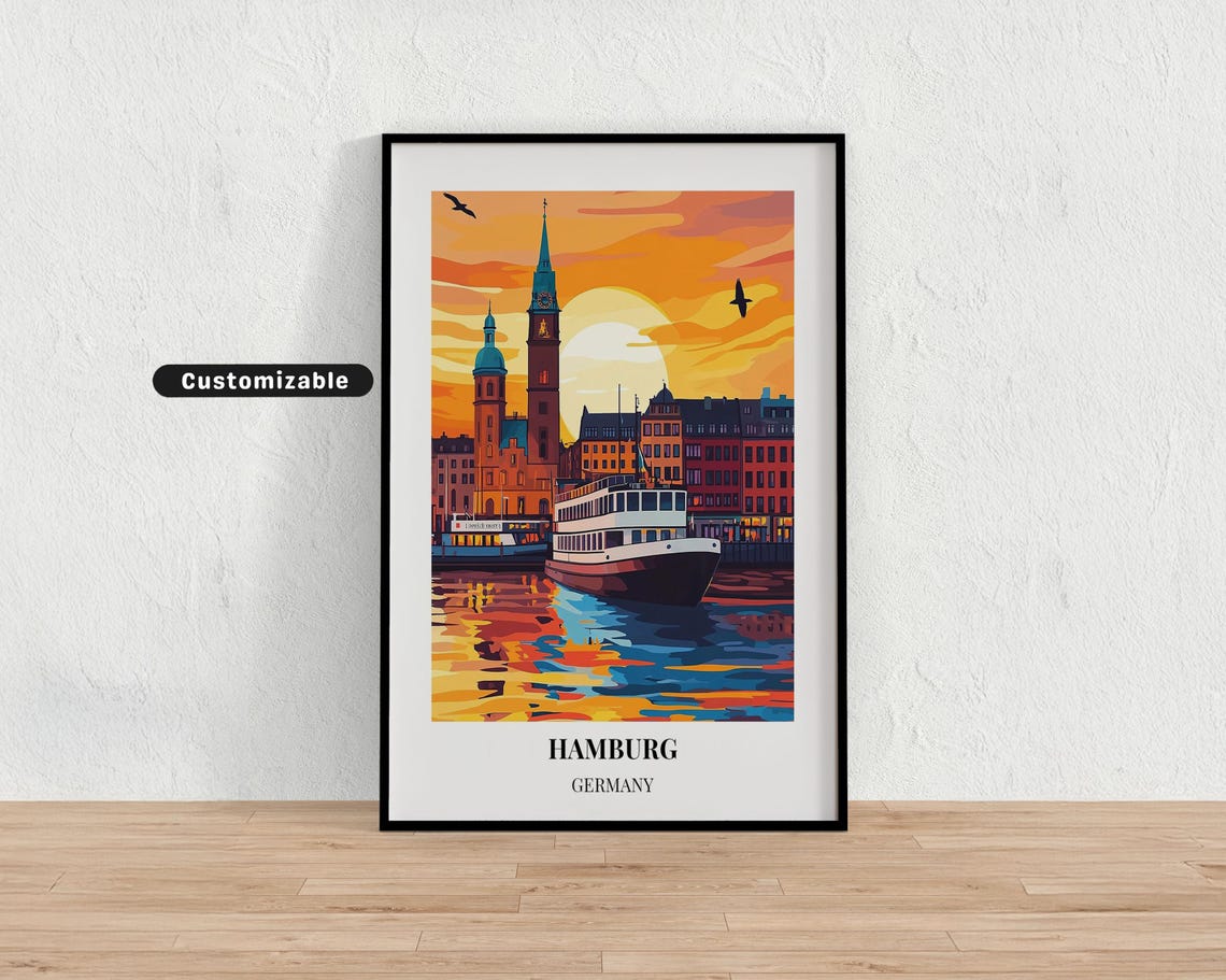 Hamburg Germany Harbor Sunset Ferry Reflections Travel Poster