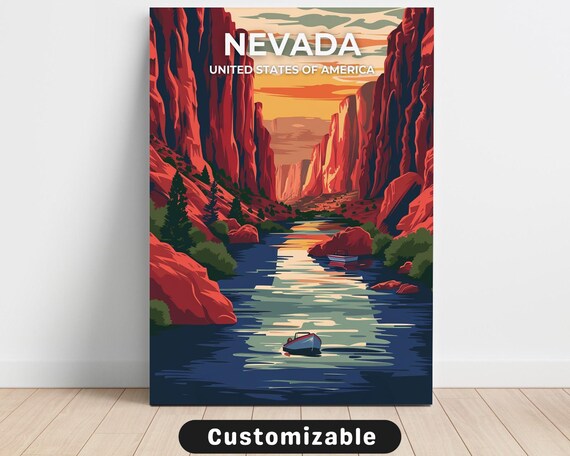Nevada Red Rock Canyon River Boat Sunset Vintage Travel Poster