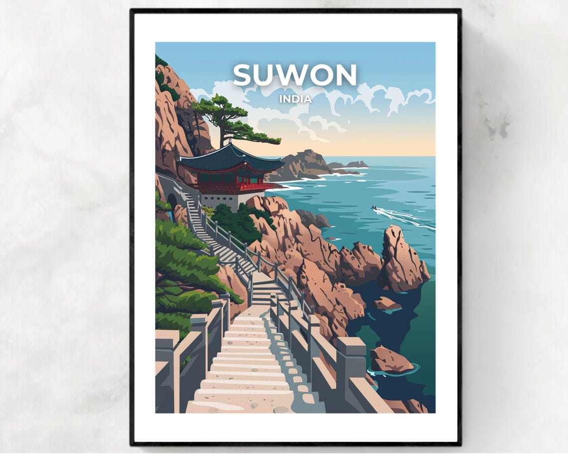 Traditional Korean Coastal Temple Staircase Seascape Travel Poster
