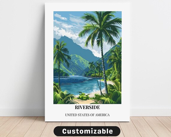 Riverside Tropical Palm Beach Vintage Travel Poster United States Artwork