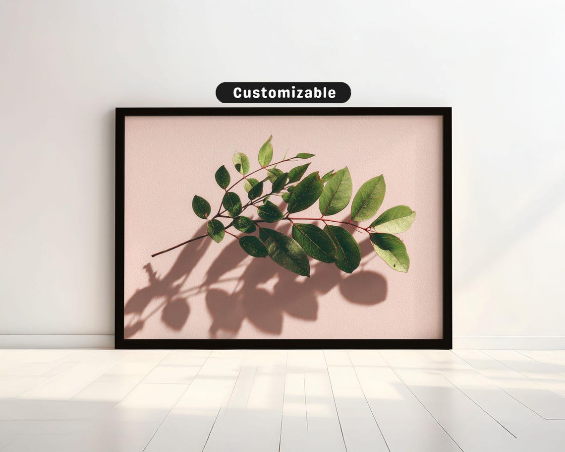 Green Eucalyptus Branch Soft Shadows Blush Pink Botanical Wall Poster