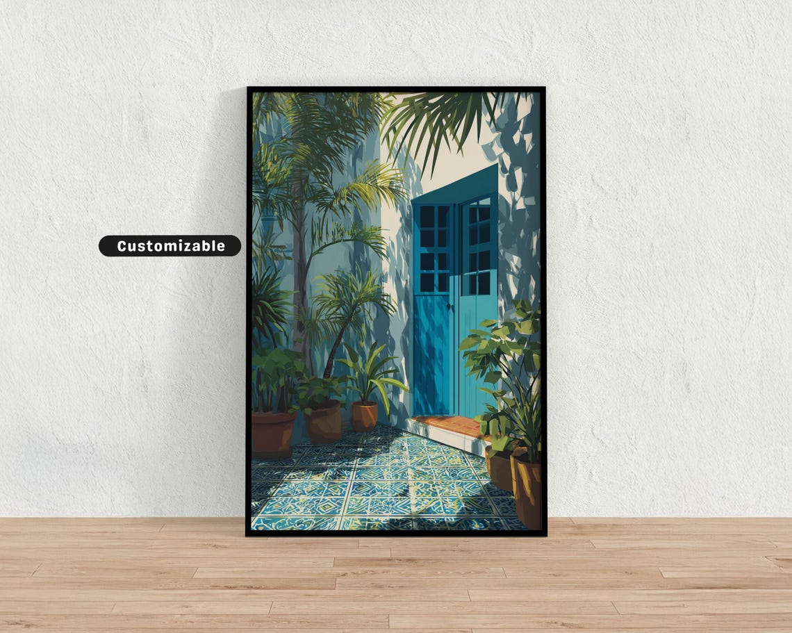 Sunlit Tropical Garden Blue Tiled Floor And Blue Door Art Poster