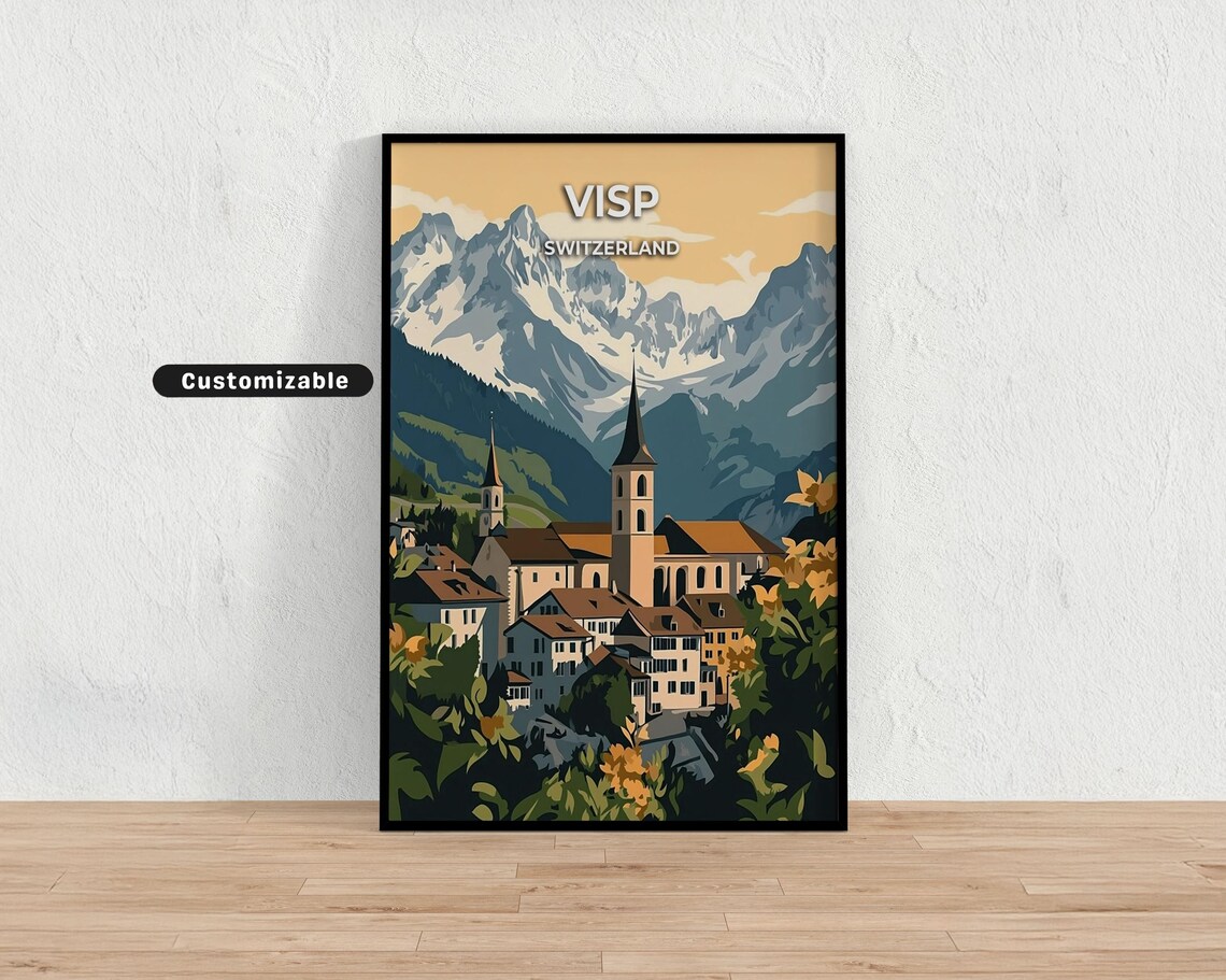 Visp Switzerland Alpine Village Church Golden Light Travel Poster