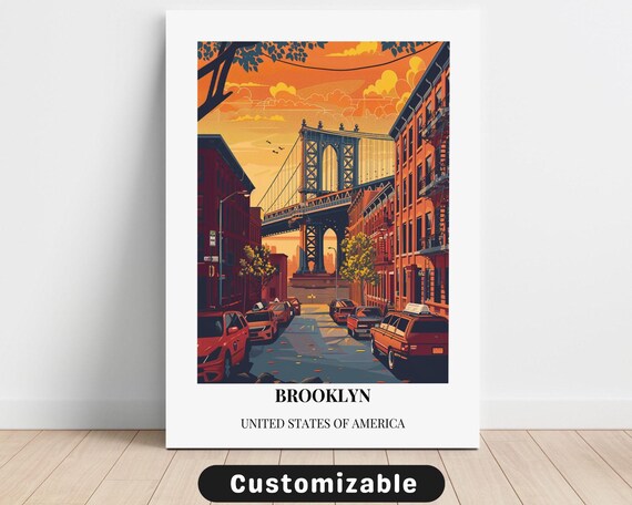 Brooklyn New York Manhattan Bridge Sunset Retro City Travel Poster