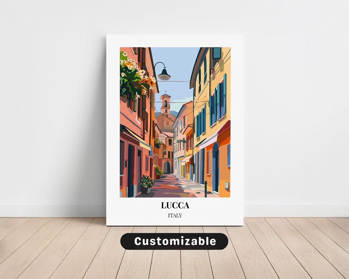 Lucca Italy Colorful Old Town Street Scene Travel Art Poster