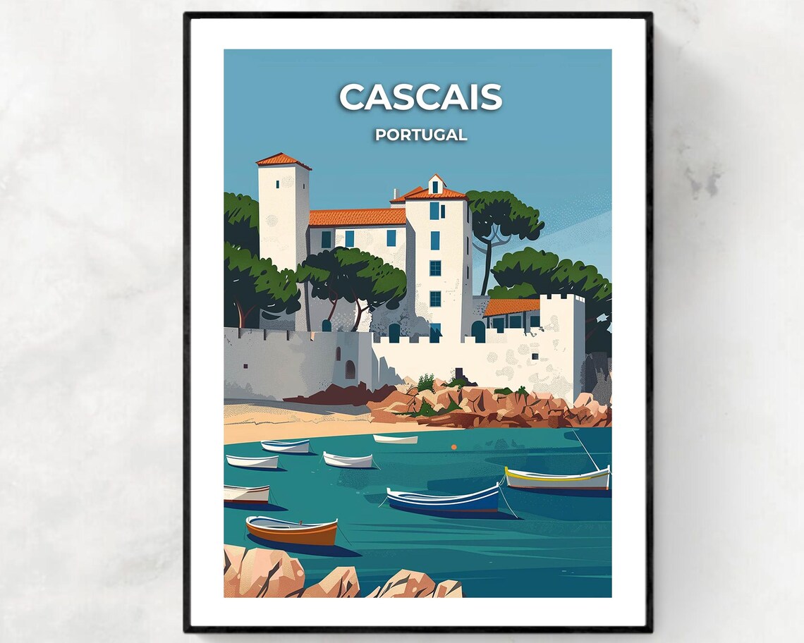 Cascais Portugal Fortress Boats and Harbor Sunset Travel Poster