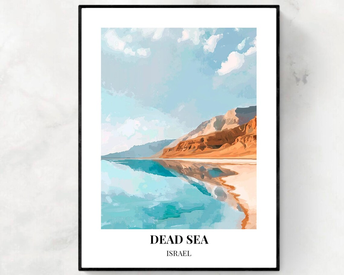 Dead Sea Israel Saltwater Shore Watercolor Landscape Travel Poster