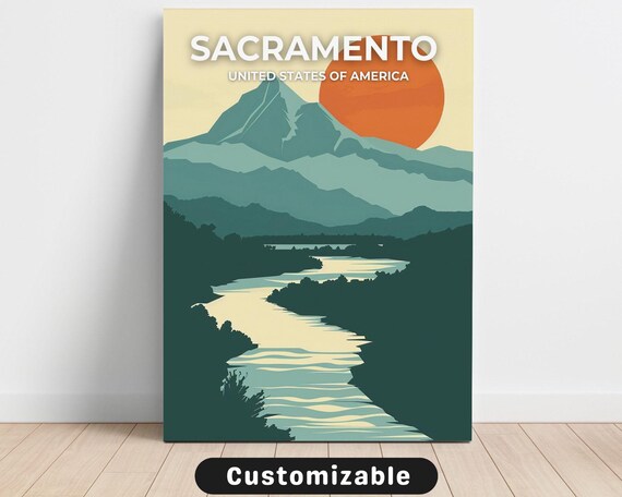 Sacramento Sunset River Mountains Retro Travel Poster Vintage Style